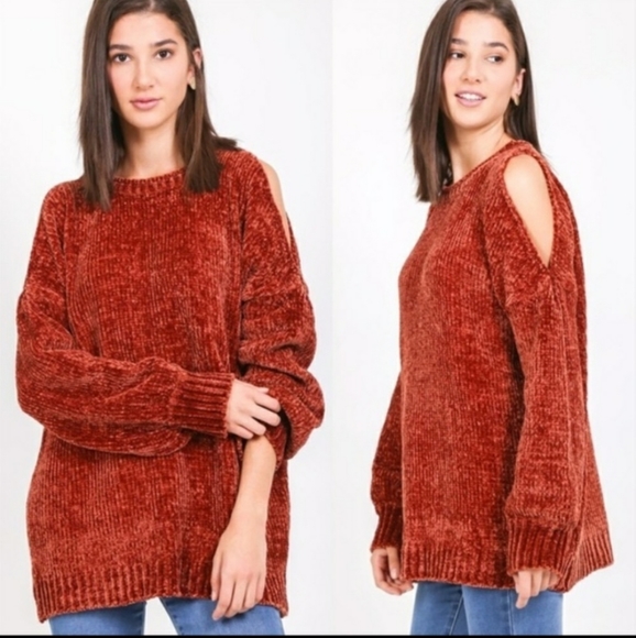 Love Riche Sweaters - Pumpkin Spice Chenille Cold Shoulder Sweater